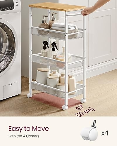 4 Tier Slim Rolling Storage cart with Wheels (Oak Beige + Classic White / 4 Tiers (8.7"D x 30.3"H))