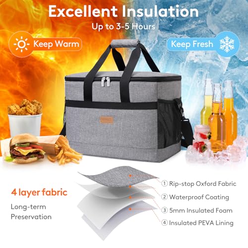 Cooler Bag 50 Cans Collapsible and Insulated Large Lunch Bag Leakproof Soft Cooler Portable for Camping (50-Can(30L) / Gray)