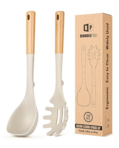 Silicone Soup Ladle and Pasta Spoon Set with Wooden Handle (Khaki)