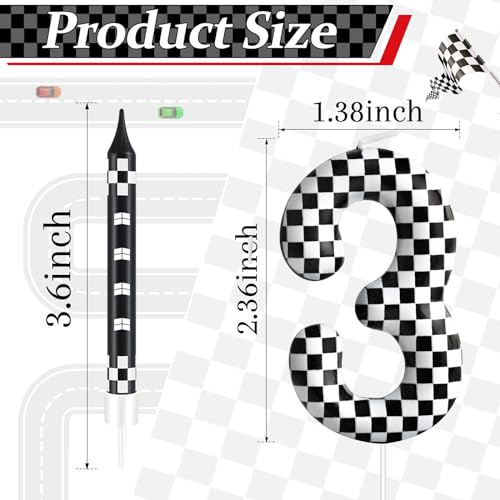 13 Pcs Racing Cars Themed Birthday Candles Black and White Race Number 3 Checkered Candle Cake Topper for Racing Car Party Decoration Supplies (Black+White / 3)