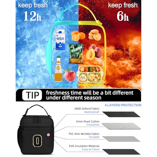 Lunch Box Kids Large Initial Insulated Lunch Bag for Girls (Black / O)