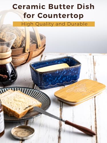 Ceramic Butter Dish with Lid for Countertop (Reactive Blue)