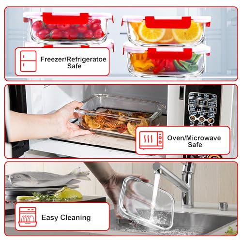 5 PACK 36 OZ Glass Meal Prep Containers Set with Lids (Red)