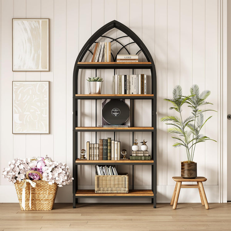 74.8" Tall Arched Bookshelf (Brown + Black)
