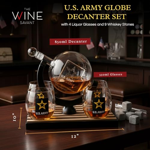U.S. Army Globe Whiskey Decanter Set with 4 Liquor Glasses (Army)