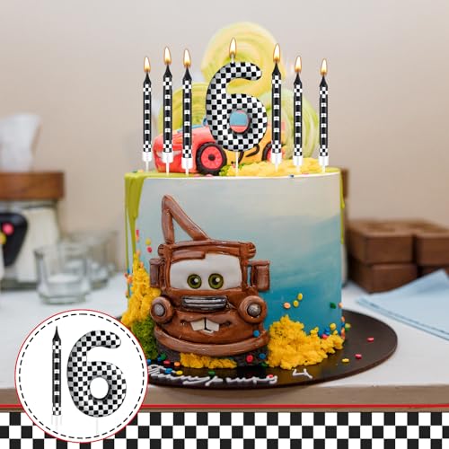 13 Pcs Racing Cars Themed Birthday Candles 12 Black and White Race Number 6 Checkered Candle Cake Topper for Racing Car Party Decoration Supplies (Black+White / 6)
