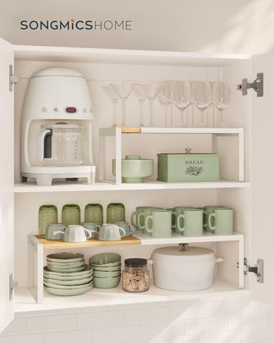 Spice Rack Expandable Cupboard Shelf Orgnizer (Light Bamboo + Cream White / 2 Pack)