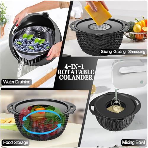 4-in-1 Colander Set, Patented Rotatable Strainer, Kitchen Gadgets -Black (Black)