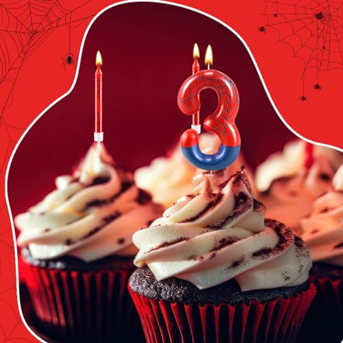 13 Pcs Spider Themed Birthday Candle Set Red Spider Theme Number 3 Candle Cake Topper for Boys Girls Birthday Decoration Spider Party Decoration Supplies (Red+Blue / 3)
