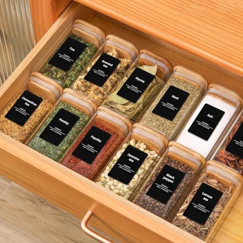 Square Glass Spice Jars with Labels 10 oz 6 Pack with Bamboo Lids (10 fl oz x 6 - Square)