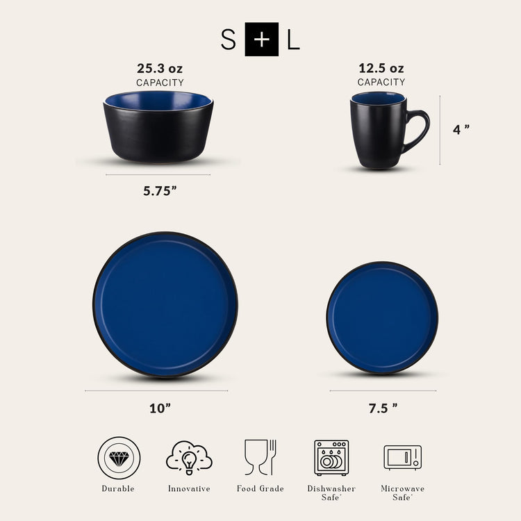Albie Stoneware 16 (16 Piece - Service for 4 / Blue and Black)