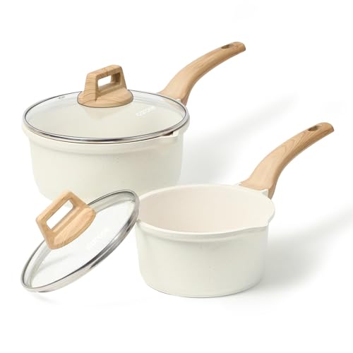 Nonstick 1.5Qt & 3.0Qt Sauce Pan Sets with Lid (White / 1.5QT+3QT)