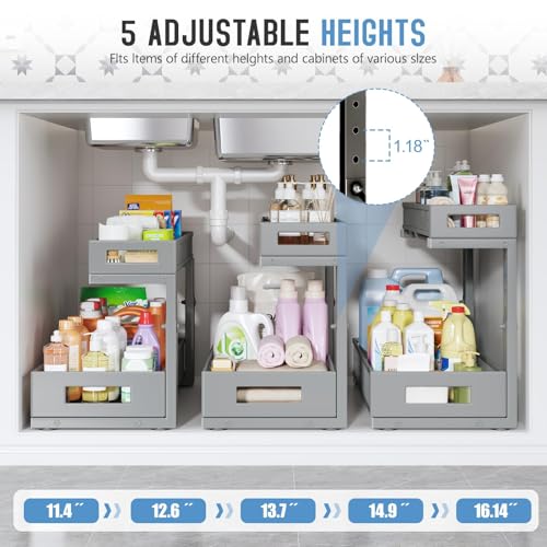 2 Pack 17IN Depth Under Sink Storage Organizer (Gun Gray / 2 Pack-17"Dx11.4"-16.14"H)