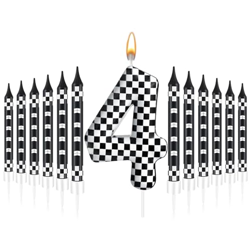 13 Pcs Racing Cars Themed Birthday Candles Black and White Race Number 4 Checkered Candle Cake Topper for Racing Car Party Decoration Supplies (Black+White / 4)