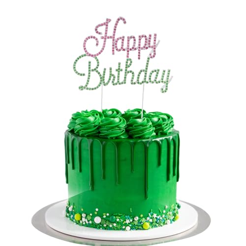 Happy Birthday Cake Topper Pink & Green Rhinestones Witch MovieThemed Cake Topper for Birthday Party Decorations (Happy Birthday- Pink Green)
