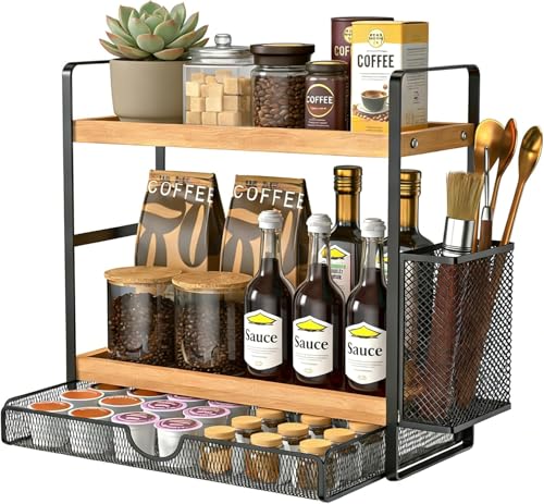 2 Tier Spice Rack Organizer for Countertop with Drawer and Basket (Brown)