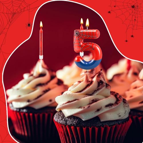 13 Pcs Spider Themed Birthday Candle Set Red Spider Theme Number 5 Candle Cake Topper for Boys Girls Birthday Decoration Spider Party Decoration Supplies (Red+Blue / 5)