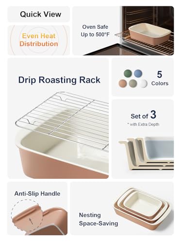 Ceramic Casserole Dishes for Oven with 304 Racks (Dusty Pink / 13.7"+11"+8.3")