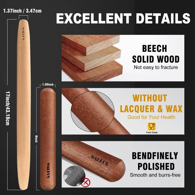 French Rolling Pin Set (8 in sapele wood + 15.7 in beech wood + pastry mat)