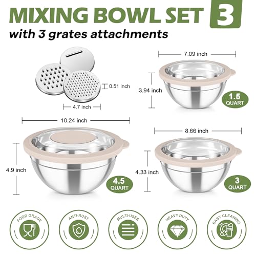 Mixing Bowls 3PCS Stainless Steel Serving Salad Bowls (Khaki / Transparent Airtight Lids)