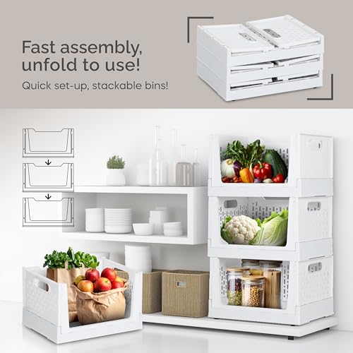 Foldable Stackable Storage Bins with Wheels (3 Pack / Ivory)