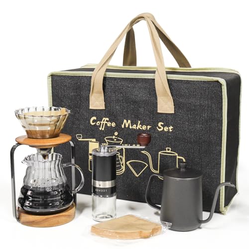 Pour Over Coffee Maker Set with Dripper Stand Coffee Filters Paper Coffee Grinder Gift for Coffee Lovers (Black/tan)
