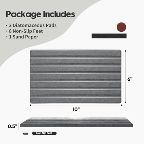 2PCS Water Absorbing Stone Drying Tray Mat for Bathroom Sink & Kitchen Counter Organizer (Dark Gray / 10"x 6")