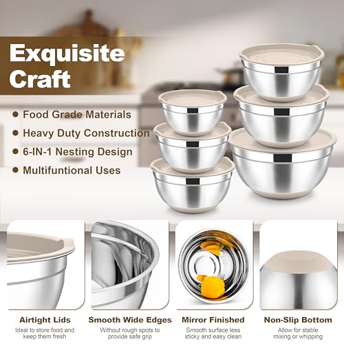 Mixing Bowls Stainless Steel Salad Bowl with Lid & Graters (Khaki)