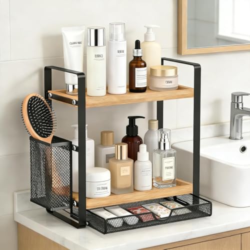 2 Tier Spice Rack Organizer for Countertop with Drawer and Basket (Brown)