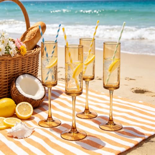 6 Pieces Amber Champagne Flutes 6 OZ Straight Sided Wine Glasses Champagne Long Stem Drinking Colored Glasses (Amber / 6 PCS)