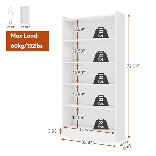 72 inch Tall Bookcase (White / 6-Tier)