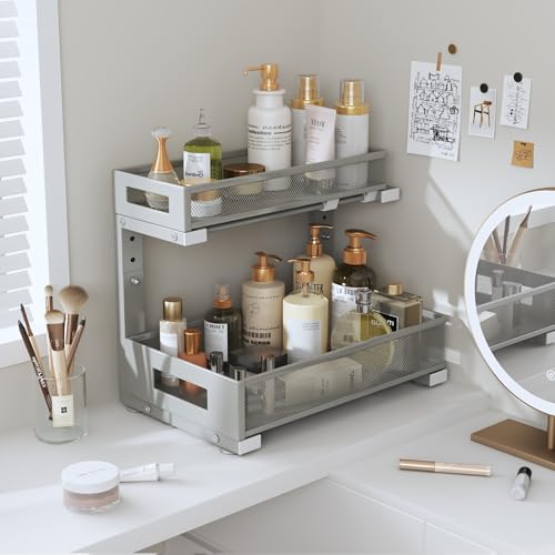 1 Pack-11.4"-16.14" H Under Sink Storage Organizer, Large 2-Tier Elegant Mesh Pull Out Shelf for Kitchen & Bathroom Cabinet Organization, L-Shaped, Adjustable Height-Gun Gray (Gun Gray / 1 Pack-15.74"Dx11.4"-16.14"H)
