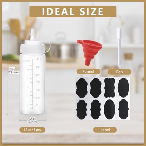 8 Pack 12 oz Plastic Squeeze Condiment Bottles with Cap Lids ((1) 12 oz(8pack) Standard Cap)