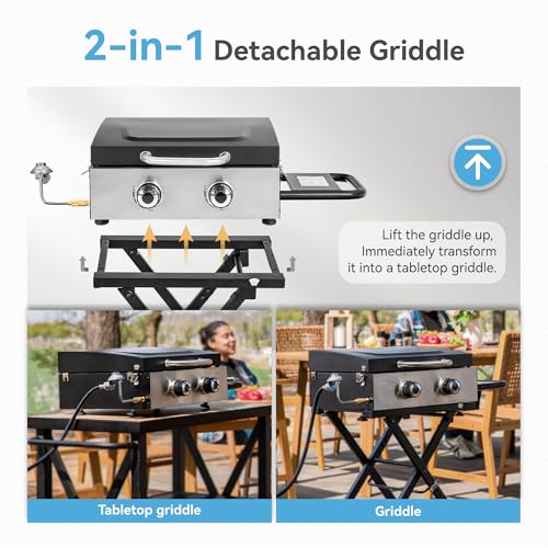 2 Burner BBQ Propane Gas Griddle with Collapsible Stand for Outdoor Cooking (Portable Griddle)