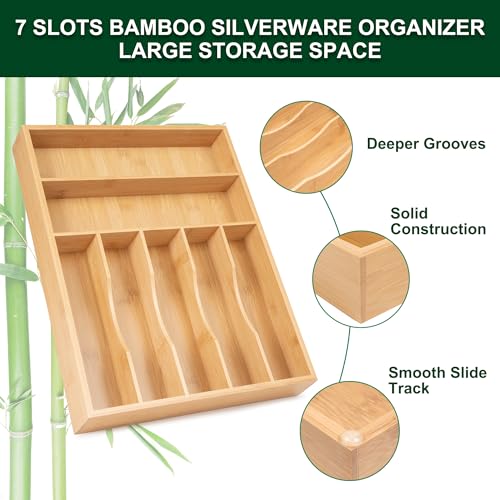 Utensil Organizer 13'' Silverware Drawer Organizer Cutlery Kitchen Bamboo (7 Slots / Natural)
