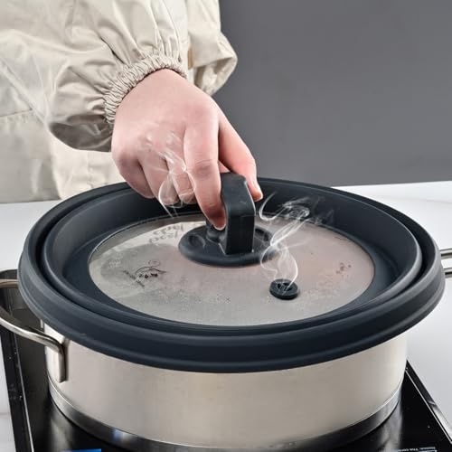Microwave Splatter Cover Vented Glass Splatter Guard Lid with Collapsible Silicone for Food as Pot Covers 11.8 inch Large Plate for 6 7 8 9 10 11 inch Plate Bowl (Grey (Regular style) / 11.8 inch)