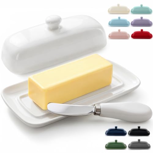 Ceramic Butter Dish with Lid For Countertop & Stainless Steel Knife (White)