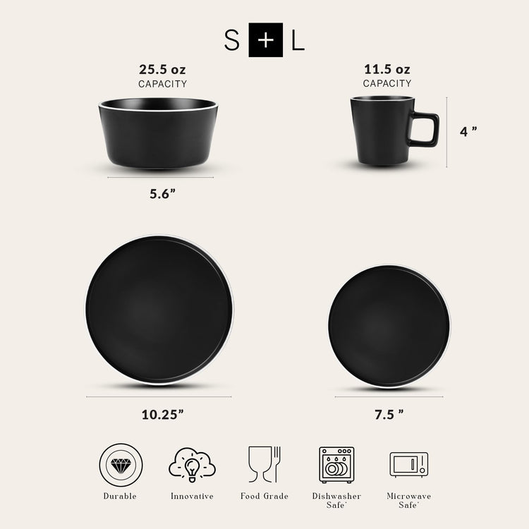 Allison Stoneware Dish Set (Dinnerware Set / Service For 8 / Black Matte, White Rim)