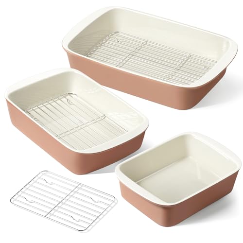 Ceramic Casserole Dishes for Oven with 304 Racks (Dusty Pink / 13.7"+11"+8.3")
