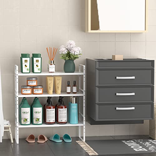 Expandable Cabinet Storage Shelf Organizer Rack (8" Width - 1 Pack / White)