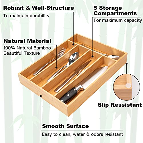 Silverware Organizer Kitchen Drawer Organizer Utensil Organizer Bamboo Silverware Holder Cutlery Organizer in Drawer Flatware Organizer Tray (5 Slots / Natural)