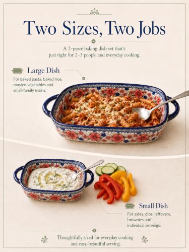 2-Piece Hand-Painted Polish Pottery Style Ceramic Baking Dish Set (Blossom Mist)