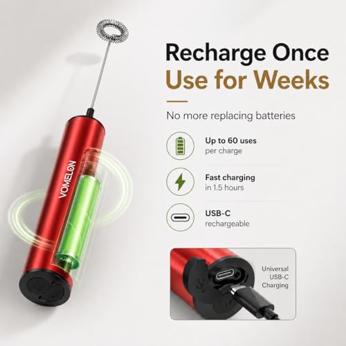 Milk Frother Rechargeable Battery Operated Frother for Coffee (Rube Red)
