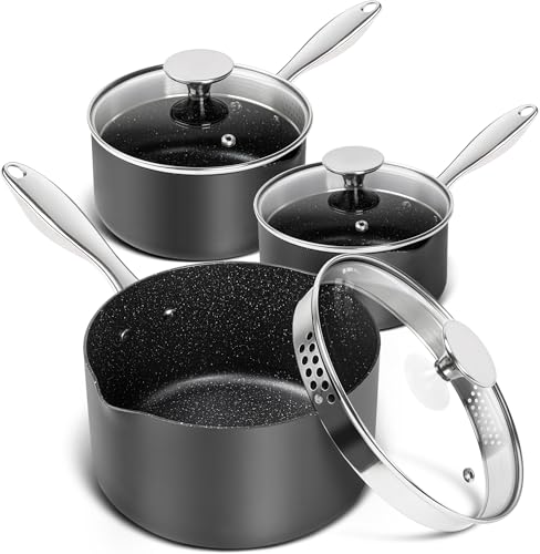 Hard Anodized Saucepan Set with Lids (1.5+2+3 Quarts)