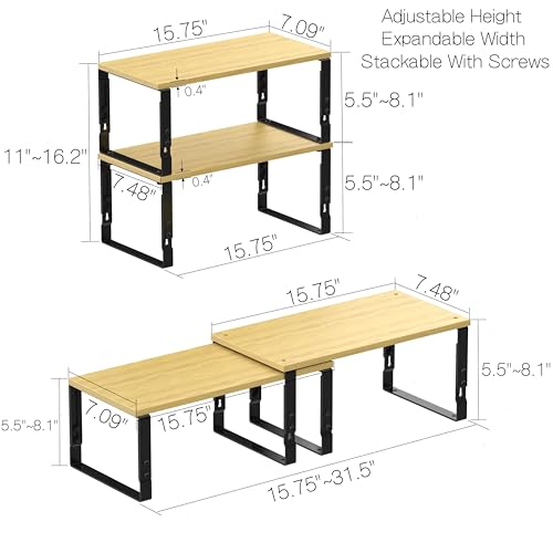 Expandable Kitchen Cabinet Organizer Shelves (2 Packs/Black / Large:15.75"Wx7.48"Dx5.5"~8.1"H)