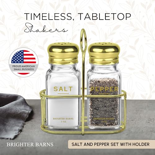 Gold Salt and Pepper Shakers Set with Holder by Brighter Barns (Clear/Gold)