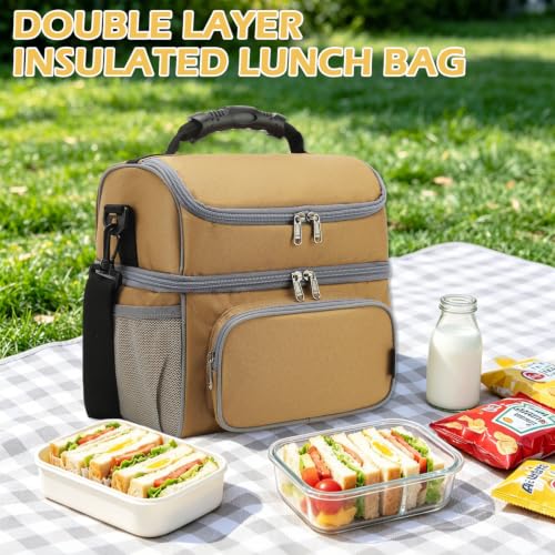 Double Layer Cooler Insulated Lunch Bag Adult Lunch Box Large Tote Bag for Men (Brown)