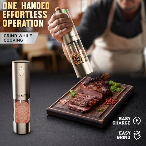 Electric Rechargeable Salt and Pepper Grinder Set with Tray (Transparent Tray)