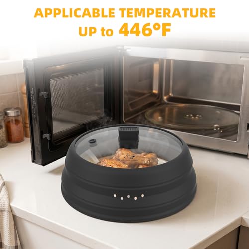 Microwave Splatter Cover Glass Cover Guard Lid with Collapsible Silicone for Food Pot Plate Cover 9.8 inch Black (BLACK / 9.8 inch)