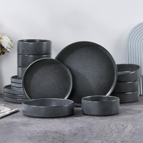 16 Piece Stoneware Dinnerware Sets with Pasta Bowls (Deep Gray / Bowls Type-16pcs for 4)